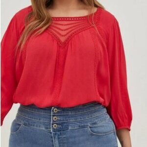 Torrid Red Gauze Crochet Top Embroidered Blouse